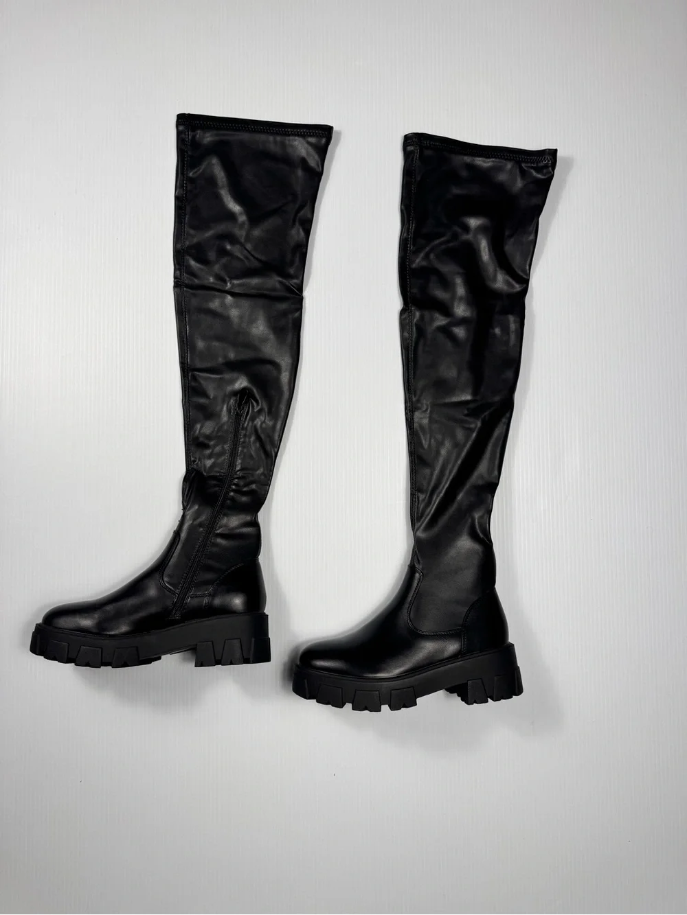 Azalea Wang Eureka Black Thigh High Lug Sole Boots NIB Sizes 7.5 8 9